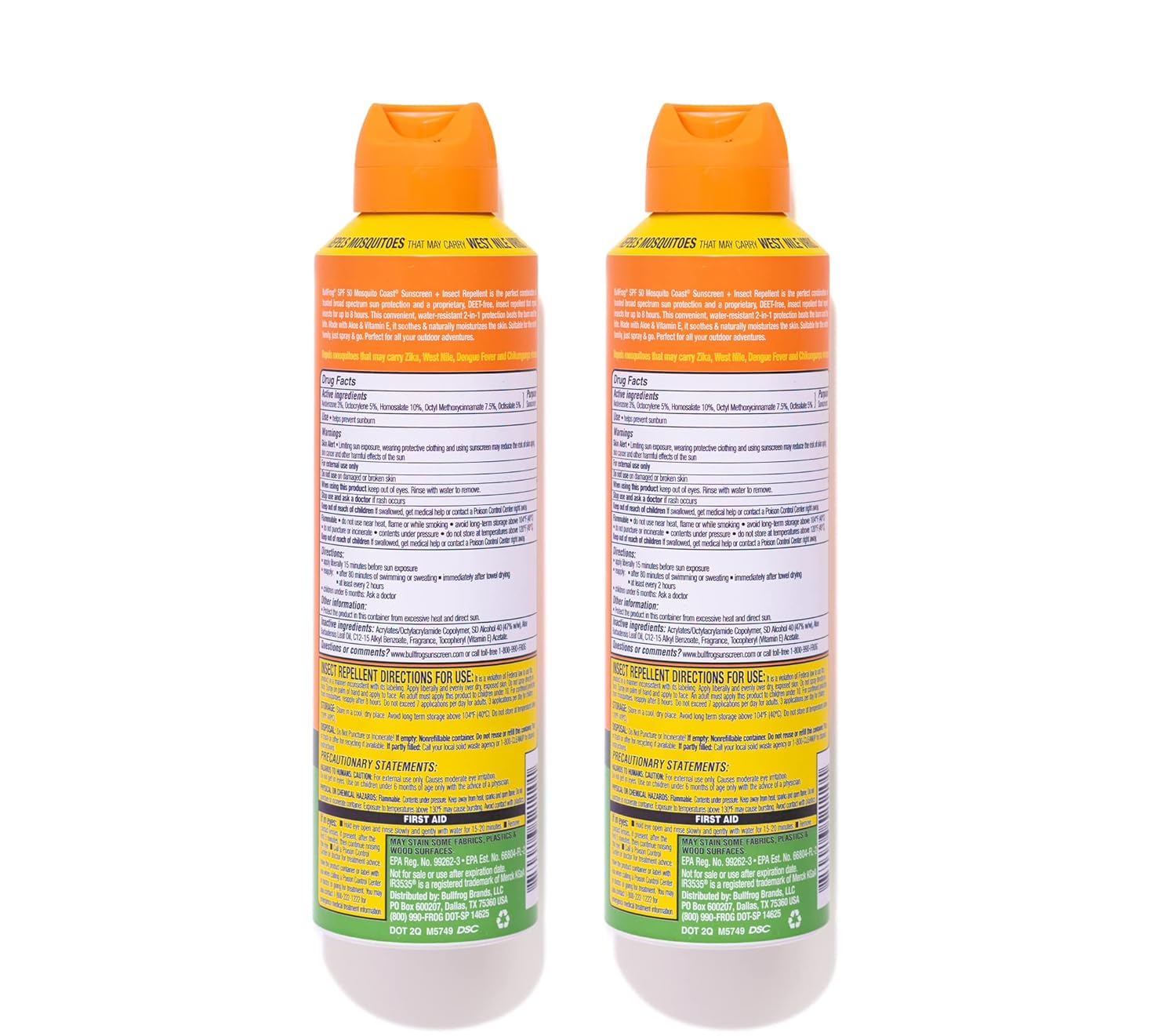 Bullfrog Mosquito Coast Sunscreen SPF50 + Insect Repellant 5.5oz Continuous Spray, 2pk