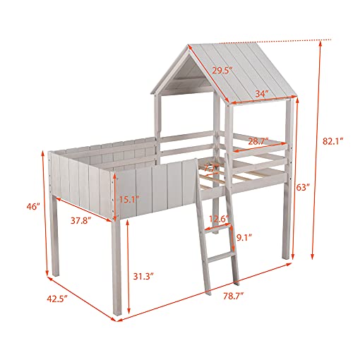 Twin Low Loft Bed with Ladder and Under-Bed Large Space, Pinewood House-Shaped Bed Frame with Roof and Fence-Shaped Guardrails, Bedroom Furniture (Wash Gray)