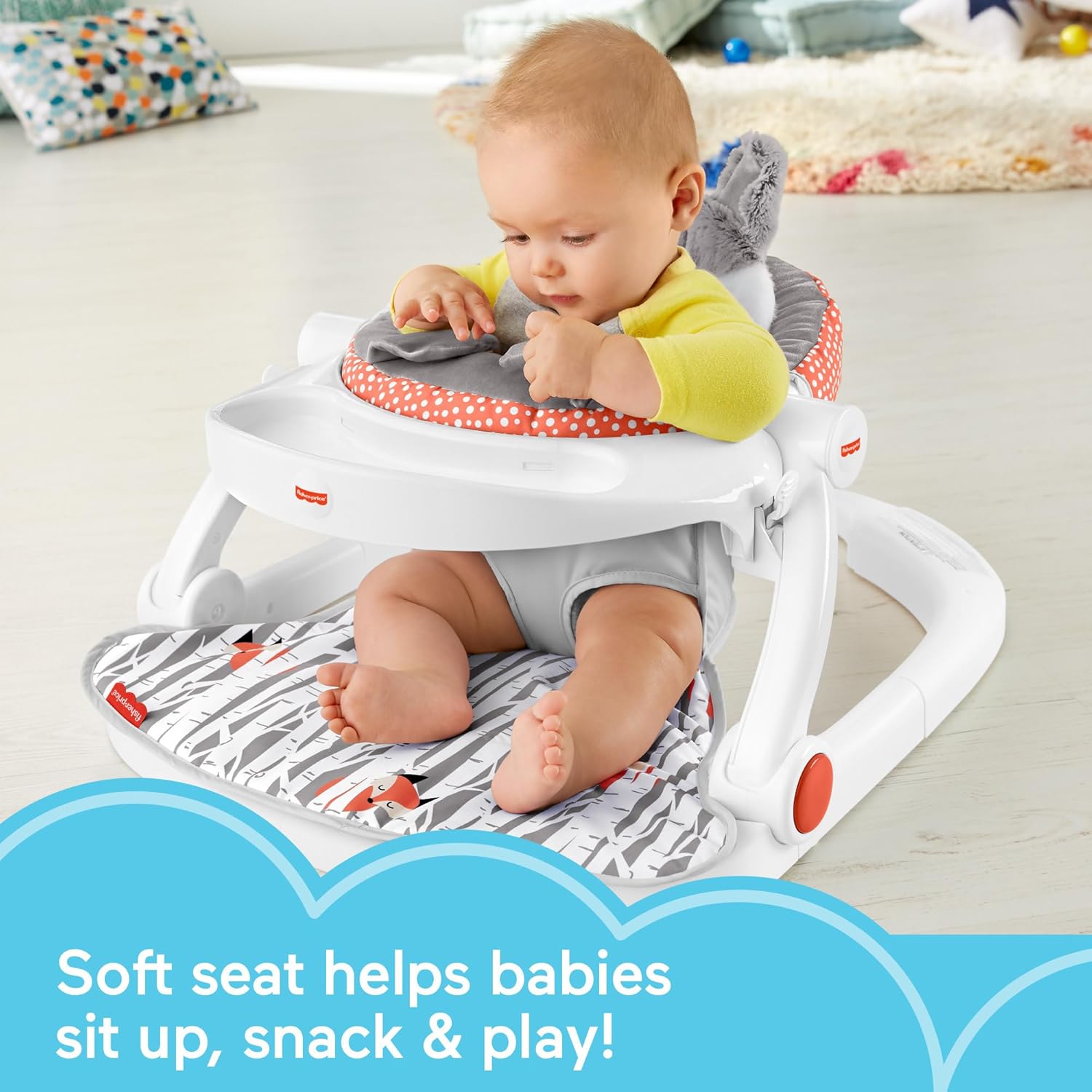 Fisher-Price Portable Baby Chair Premium Sit-Me-Up Floor Seat with Snack Tray and Toy Bar, Plush Seat Pad, Peek-a-Boo Fox