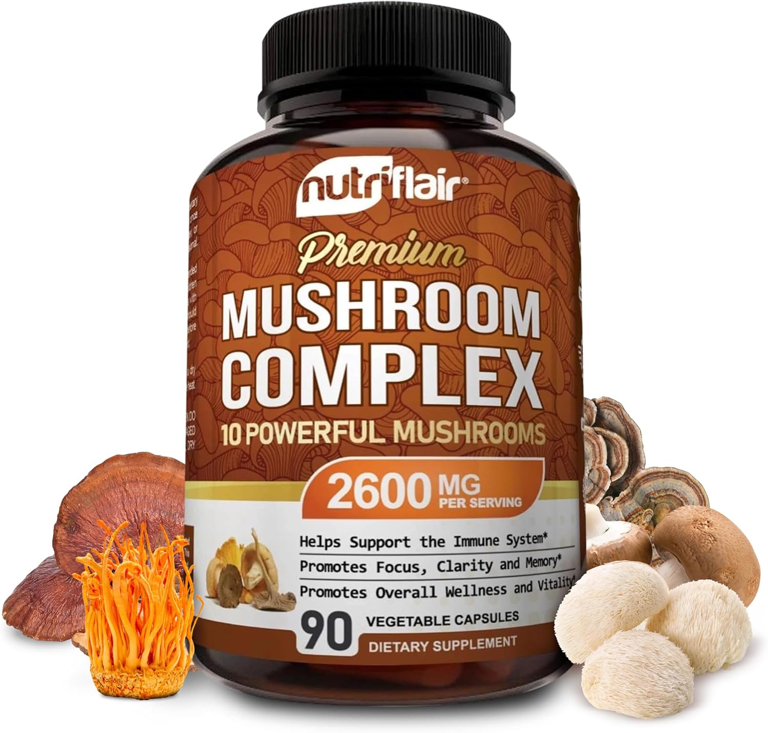 NutriFlair Mushroom Supplement 2600mg, 90 Capsules - 10 Mushrooms Blend - Reishi, Lions Mane, Cordyceps, Chaga, Turkey Tail, Maitake, Shiitake, Oyster Nootropic Complex - Brain, Energy, Focus Pills