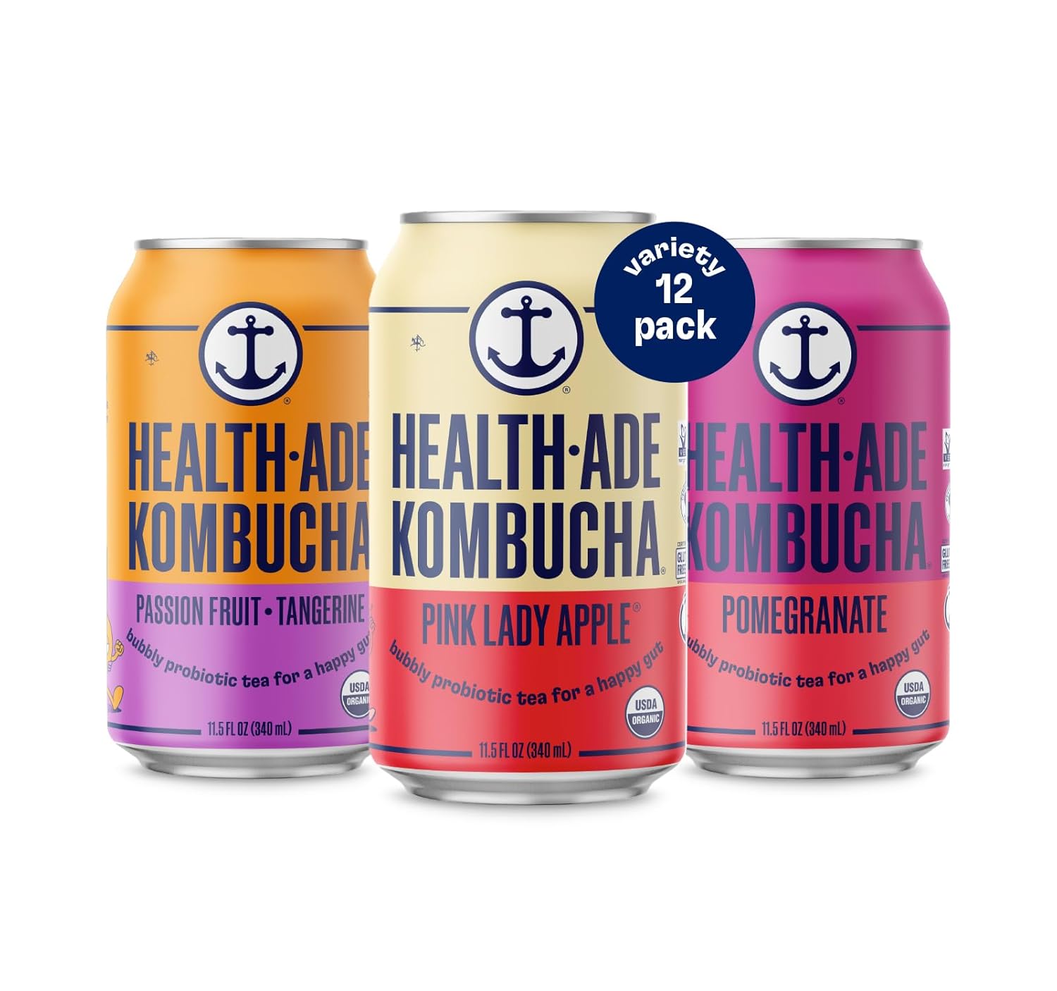 Health-Ade Canned Kombucha Tea Organic Drink, Fermented Tea with Living Probiotics, Detoxifying Acids, Supports Gut Health, Non-GMO, Vegan, Gluten Free, 12 Pack (11.5 Fl Oz Cans), Fruity Favorites Variety Pack in Cans