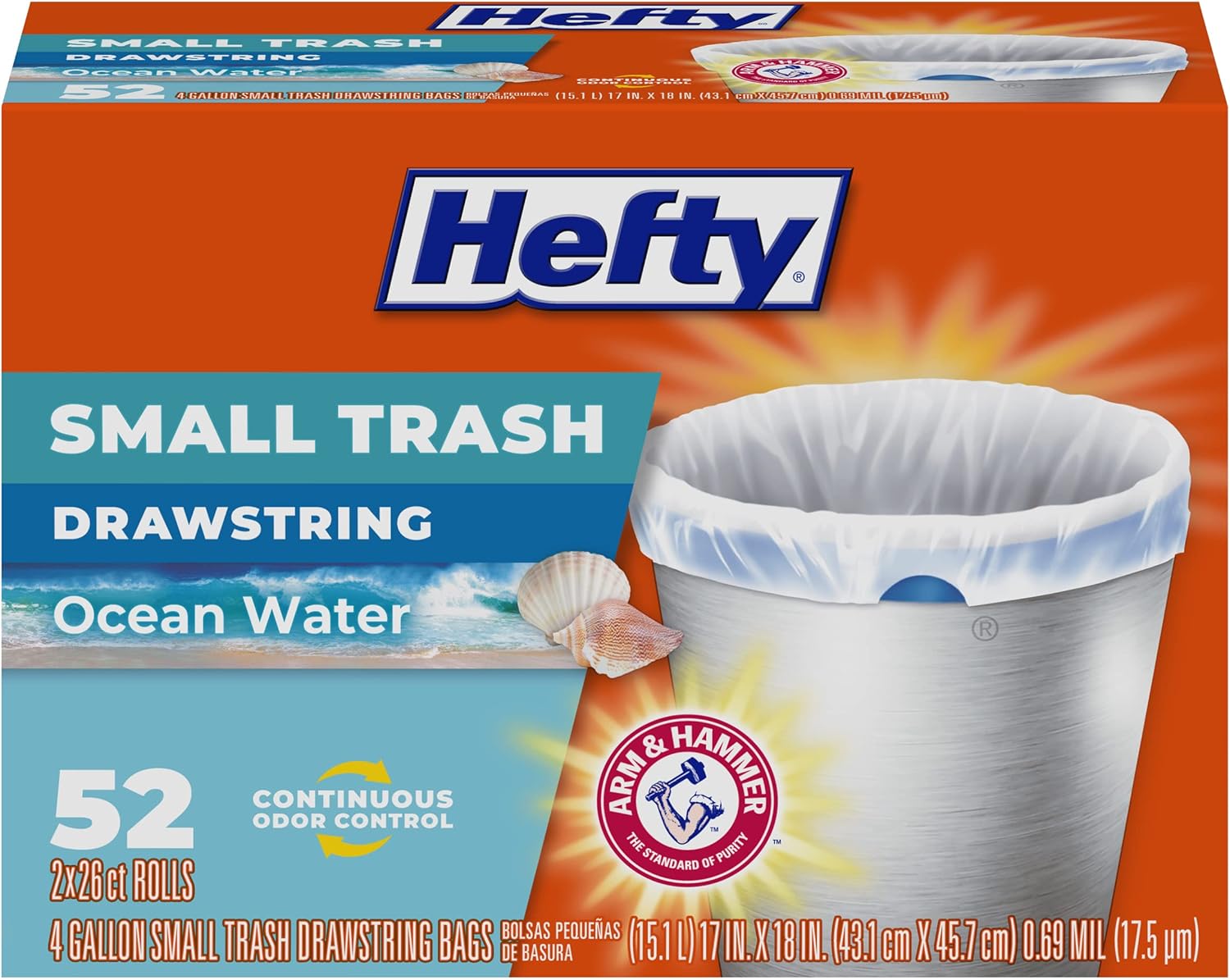 Hefty Small Trash Bags, Ocean Water Scent, 4 Gallon, (52 Count)