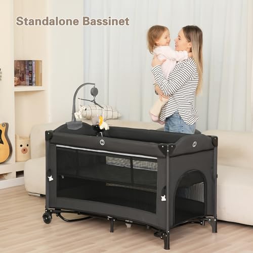 5 in 1 Baby Bassinet Bedside Sleeper, Pack and Play Bassinet , Bedside Sleeper for Newborn to Toddlers,Multifunction Portable Playard with Bassinet Crib,Soft Toys,Waterproof Sheet,Diaper Changer.