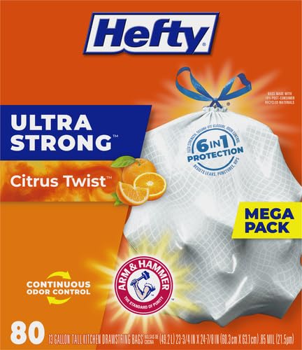 Hefty Ultra Strong 13 Gallon Trash Bags, Black Tall Kitchen Trash Bags 13 Gallon Size, Break Resistant Drawstring Enclosure, Continuous Odor Control, Blackout, Clean Burst Scent, 80 Bags