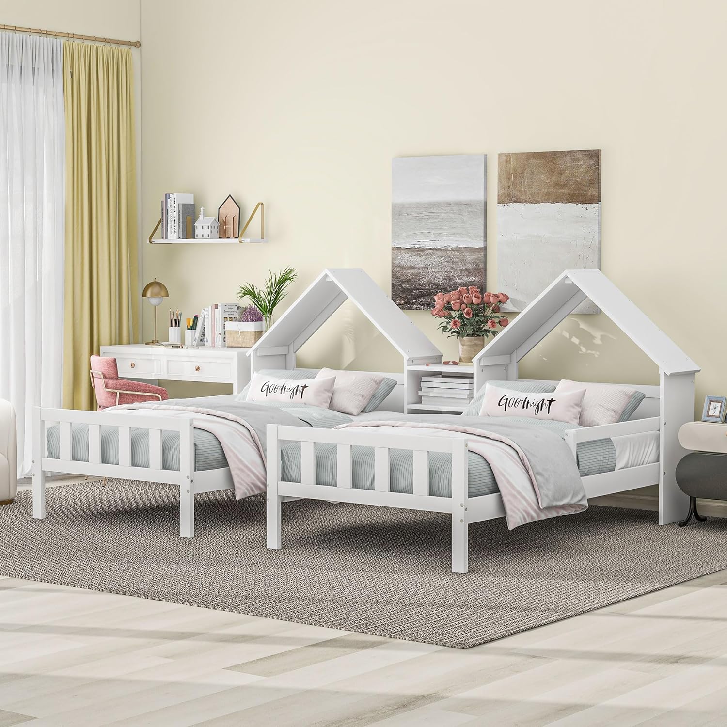 Double Twin Size Platform Bed with House-Shaped Headboard and a Built-in Nightstand, White