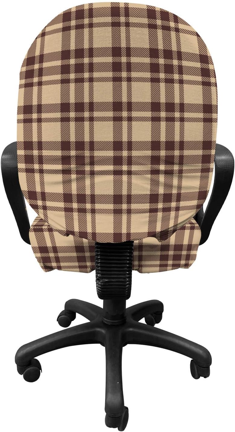 Ambesonne Tan and Brown Office Chair Slipcover, Old Fashioned Check Plaid Pattern Scottish Tartan Inspired Geometric Design, Protective Stretch Decorative Fabric Cover, Tan Brown