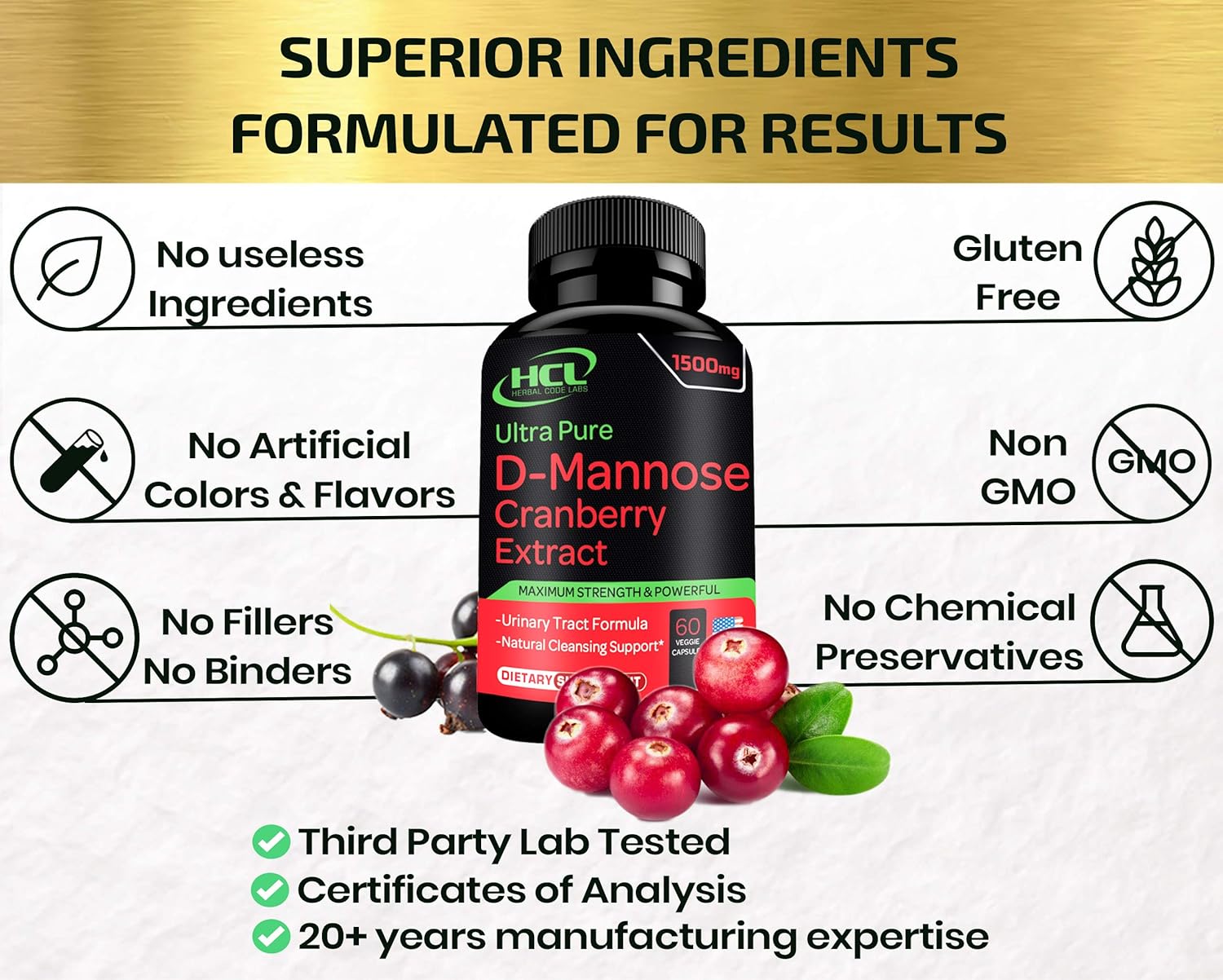 D-Mannose with Cranberry Extract Capsules 1500mg Super Strength Pills – Fast-Acting UTI Urinary Tract – Bladder Health Supplement