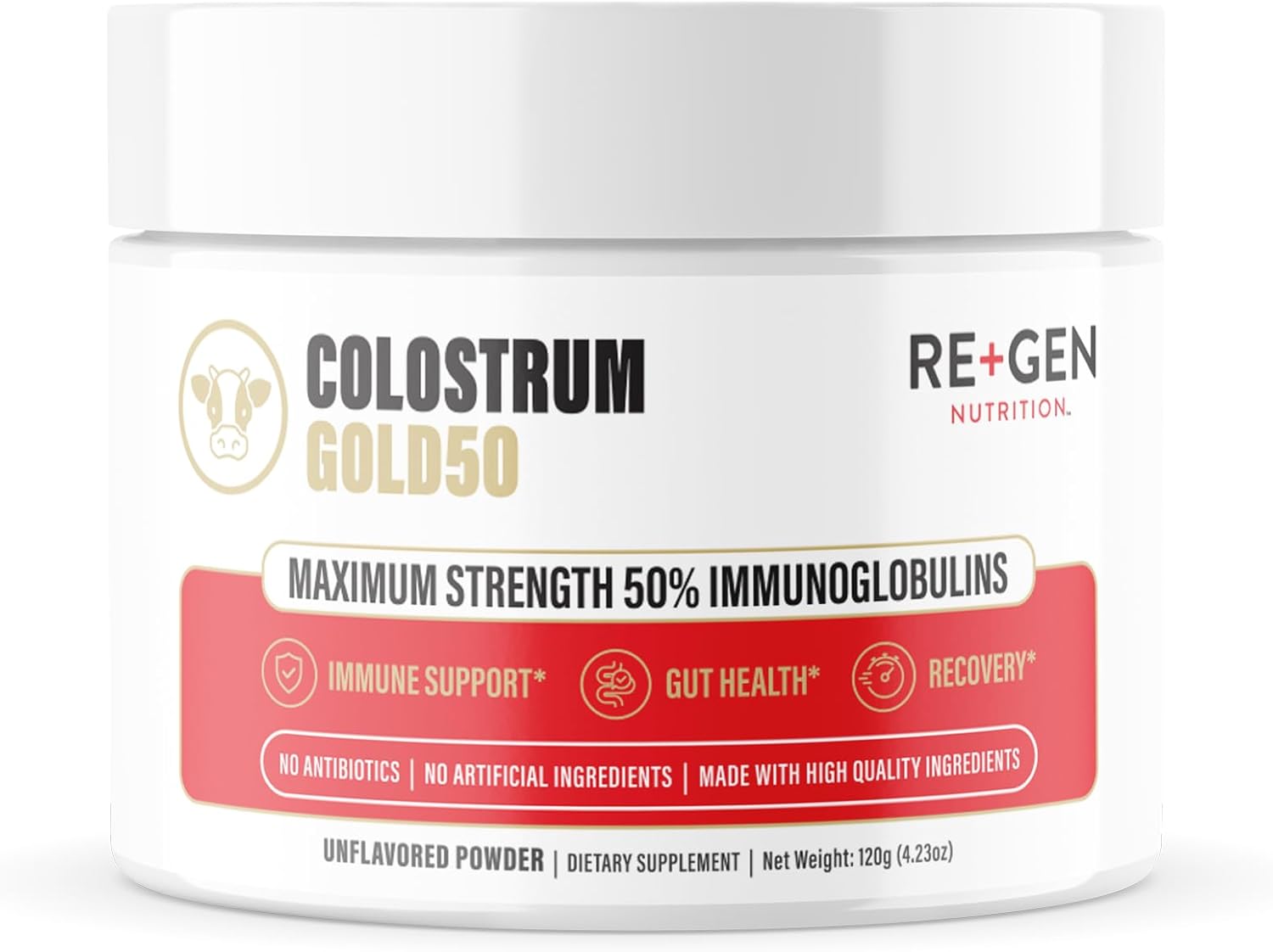 Re+Gen Colostrum Gold 50 Colostrum Powder for Gut Health, Immune Support, Muscle Recovery 50% IgG Concentration with No Artificial Ingredients Grass Fed, Gluten Free