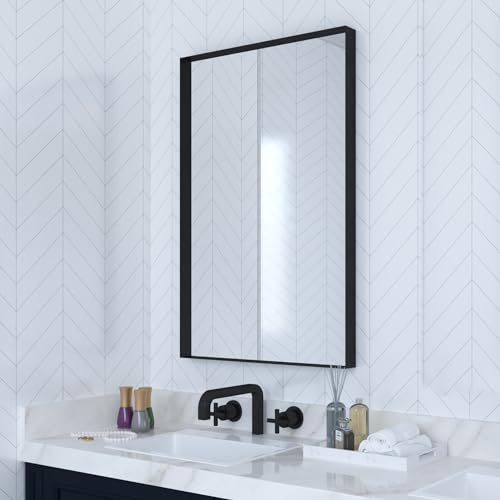Black Metal Framed Bathroom Mirror for Wall, 30 x 36 Inch Square Corner Rectangle Matte Black Bathroom Vanity Mirror Farmhouse, 1/4-inch Shatterproof Glass | Ultra-Flush Hanging
