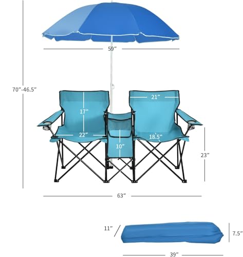 Goplus Double Camping Chair with Umbrella, Folding Loveseat Chairs w/Canopy Shade, Carrying Bag, Table, Cup Holder, Portable Beach Chairs Outdoor Picnic Patio (Blue)
