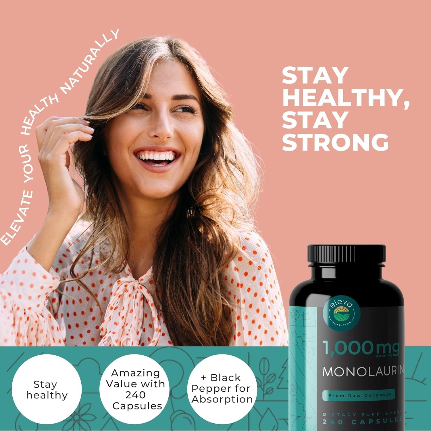 Monolaurin 1000mg Capsules — Made with Pure Glycerol and Lauric Acid from Raw Coconut — Natural Vegan Capsules That are Non-GMO and Soy Free — 240 Capsules