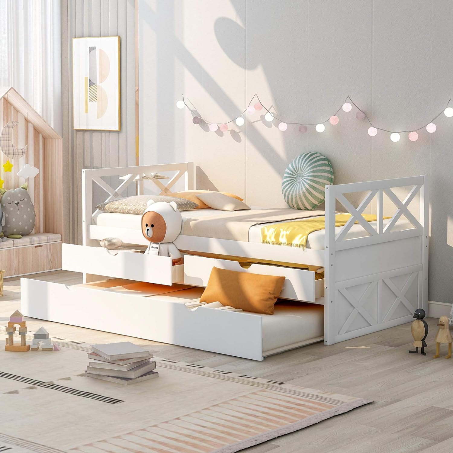 Twin Captain's Bed, Twin Daybed with Trundle and 2 Storage Drawers, Wood Twin Platform Bed Frame with Headboard and Footboard for Kids Teens Adults, No Box Spring Need, Easy Assembly, White