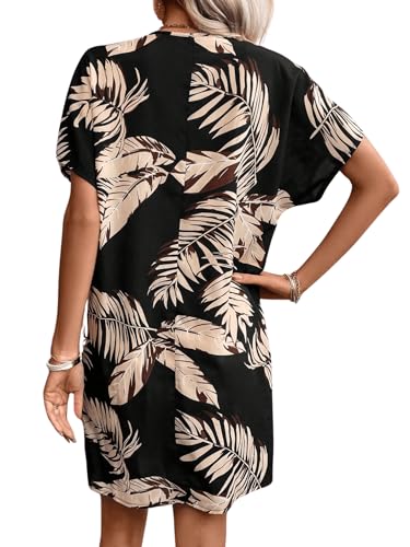 Floerns Women's Tropical Print Short Sleeve V Neck Summer Tunic Dress