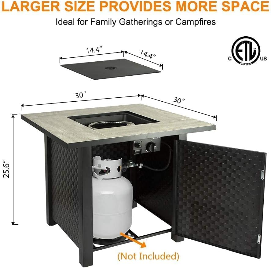 Camplux Propane Fire Pit Table, 30 Inch Outdoor Gas Fire Pit with Lid, Lava Rocks, Ceramic Tabletop, 50,000 BTU Adjustable Flame, Auto Ignition, Square Fire Table