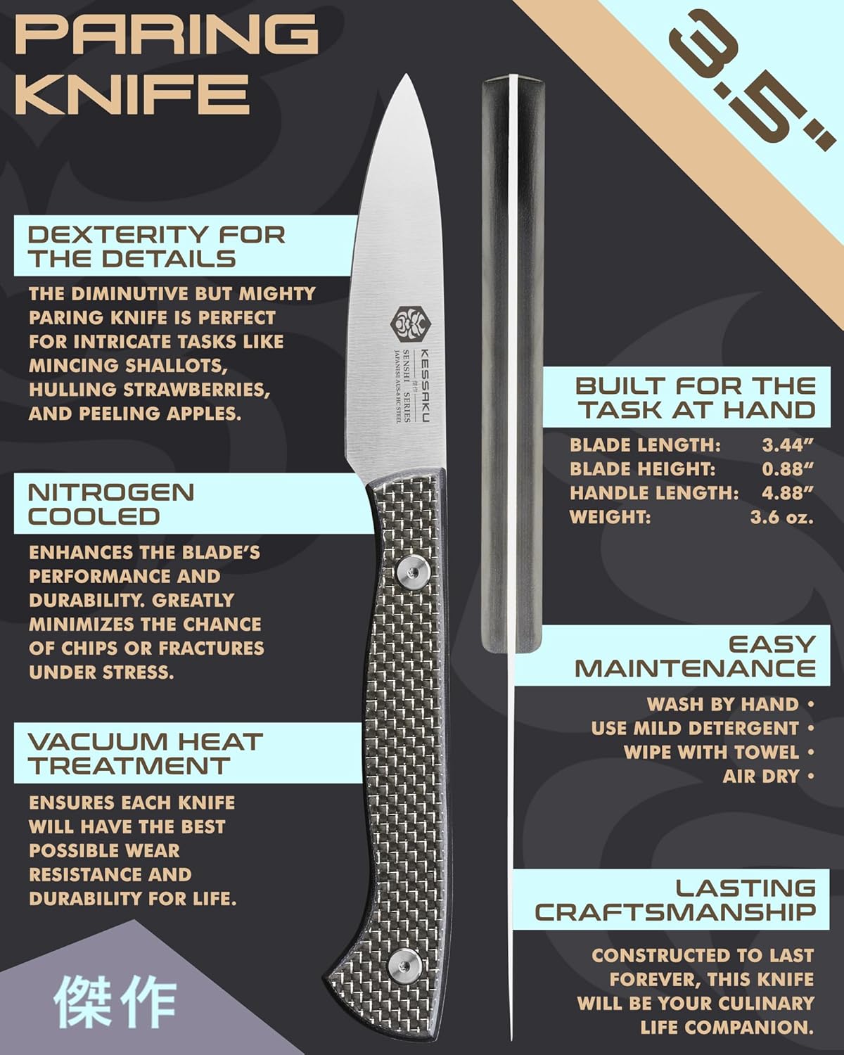 3.5-Inch Paring Knife - Senshi Series - Forged Japanese AUS-8 High Carbon Stainless Steel - Carbon Fiber G10 Handle with Sheath