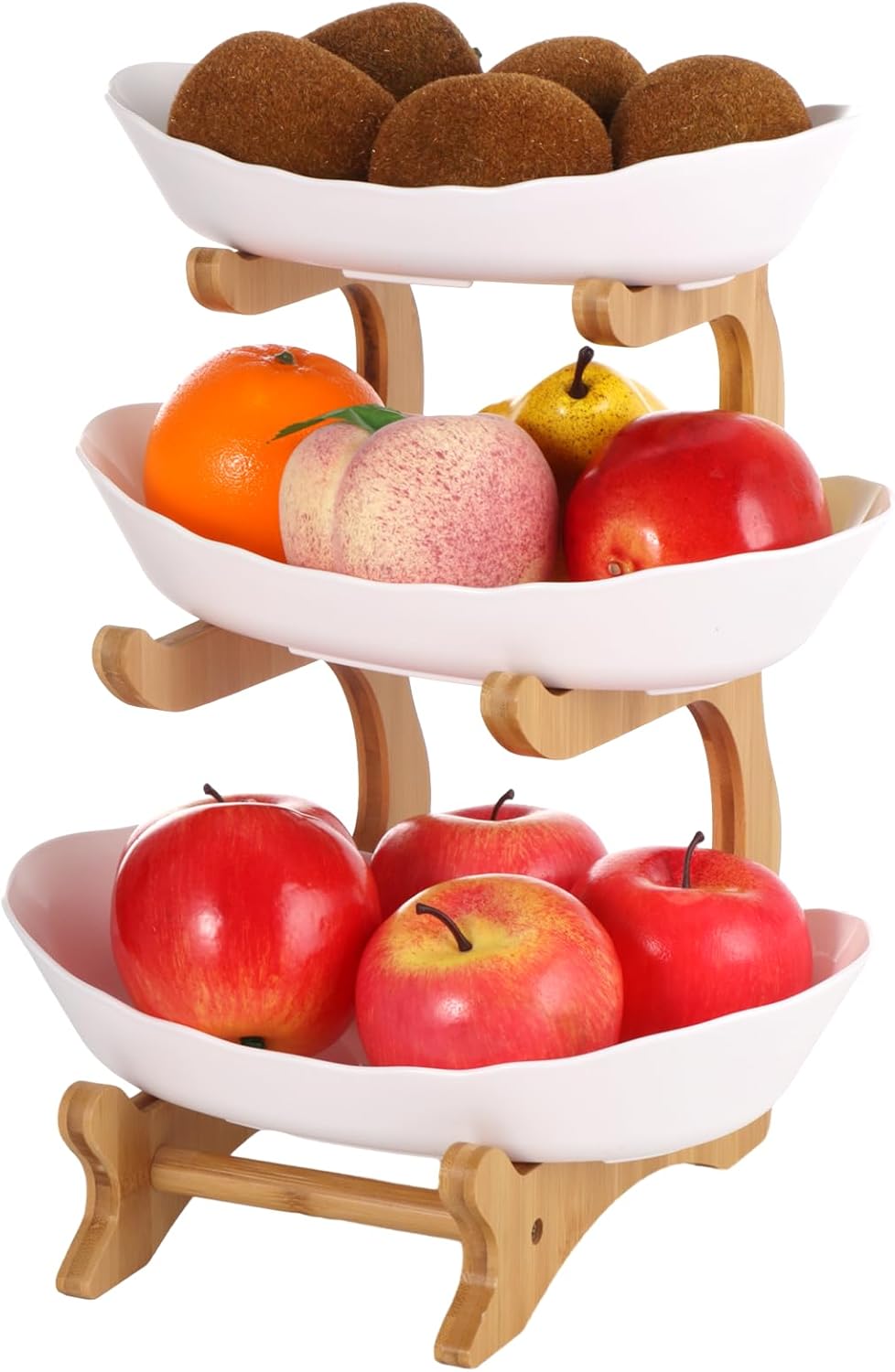 3 Tier Fruit Basket, Plastic Fruit Bowls with Bamboo Stand, 3-Tier Fruit Serving Tray Set, Large Fruit Basket for Kitchen, Oval Serving Bowls with Wood Rack for Desserts (Plastic+ Wood)