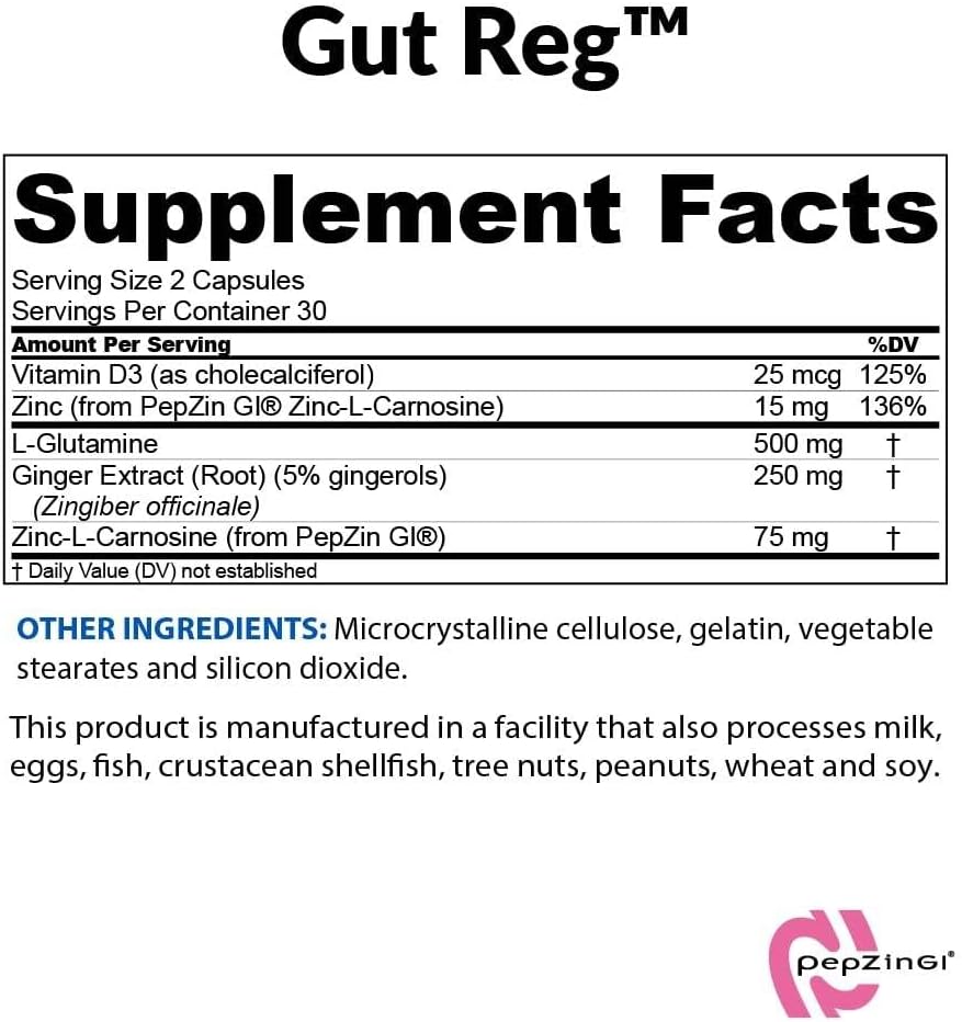 BioTrust Gut Reg Supports a Healthy Gut Lining, Helps Restore Gut Health and Helps Relieve Occasional GI Discomfort with PepZin GI, L-Glutamine and Ginger Extract, Non-GMO, Gluten-Free (60 Capsules)