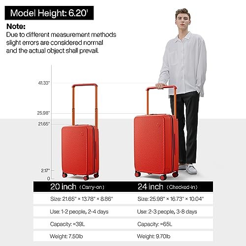mixi Luggage Suitcases With Spinner Wheels,Upgrade Wide Handle PC Hardshell Rolling Travel Suitcase with TSA Lock, Checked-Medium 24-Inch, Red
