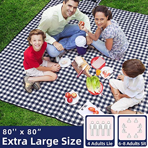 Picnic Blankets Machine Washable, 80''x80'' Extra Large Waterproof Sandproof Foldable Compact Beach Blanket, Oversized XL Outdoor Mat for Spring Summer Camping, Park, Travel Grass(Blue and White)