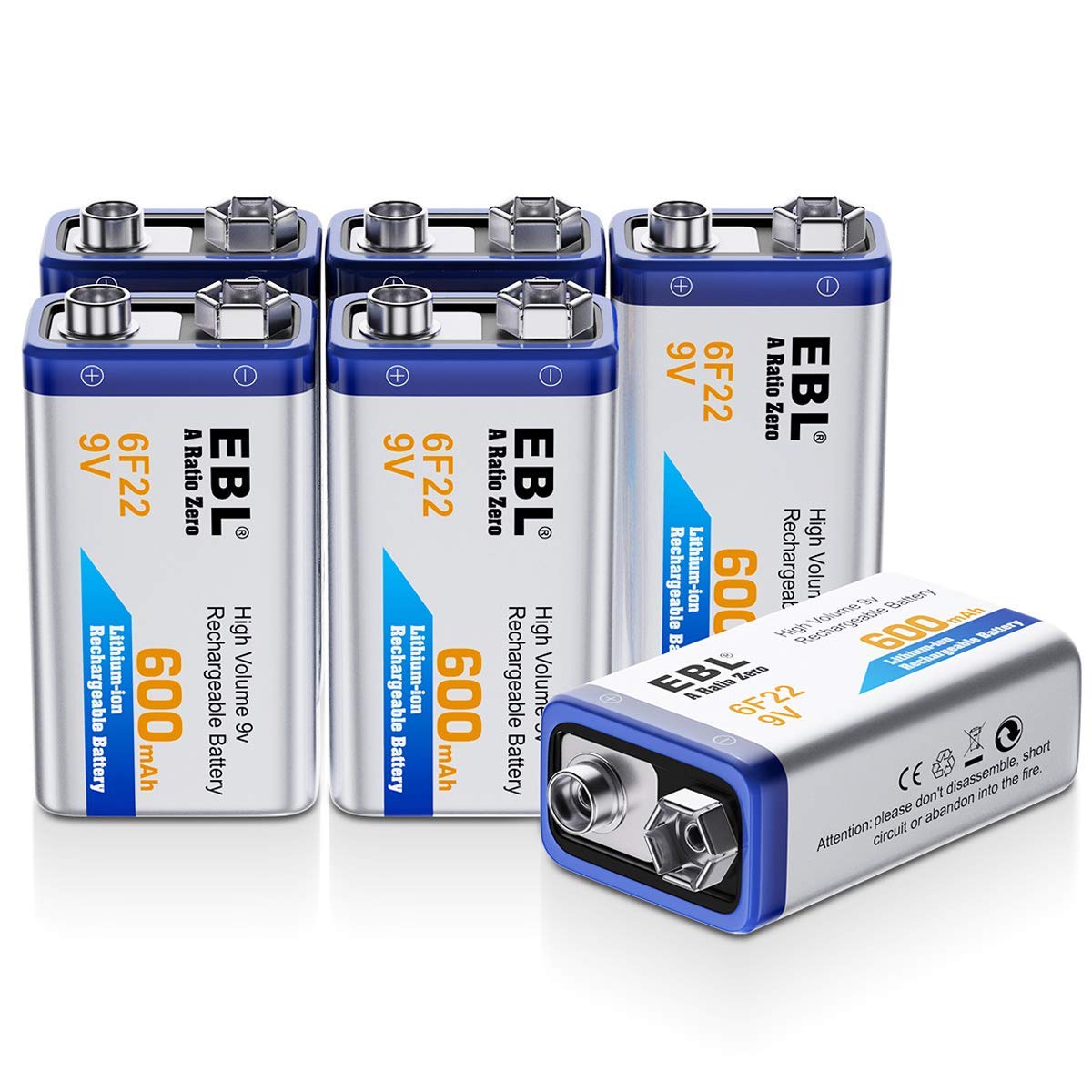EBL 9 Volt Batteries 600mAh Li-ion Rechargeable 9V Battery Lithium-ion, 6 Packs