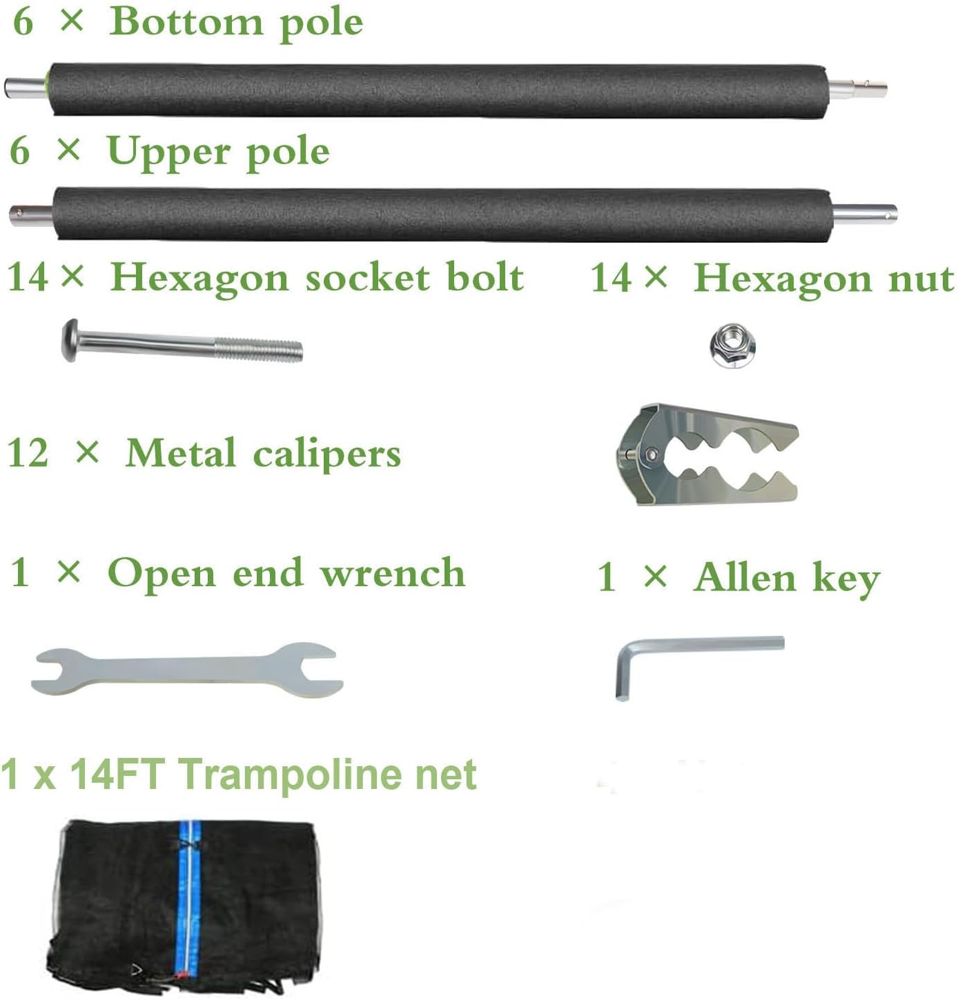 14FT Trampoline Enclosure Net with Trampoline Poles, Replacement Poles with Clamp and Hardware, Enclosure Pole Connecters, Screws and Bolts, Pole Caps Fits Most Straight Poles Trampoline Frame