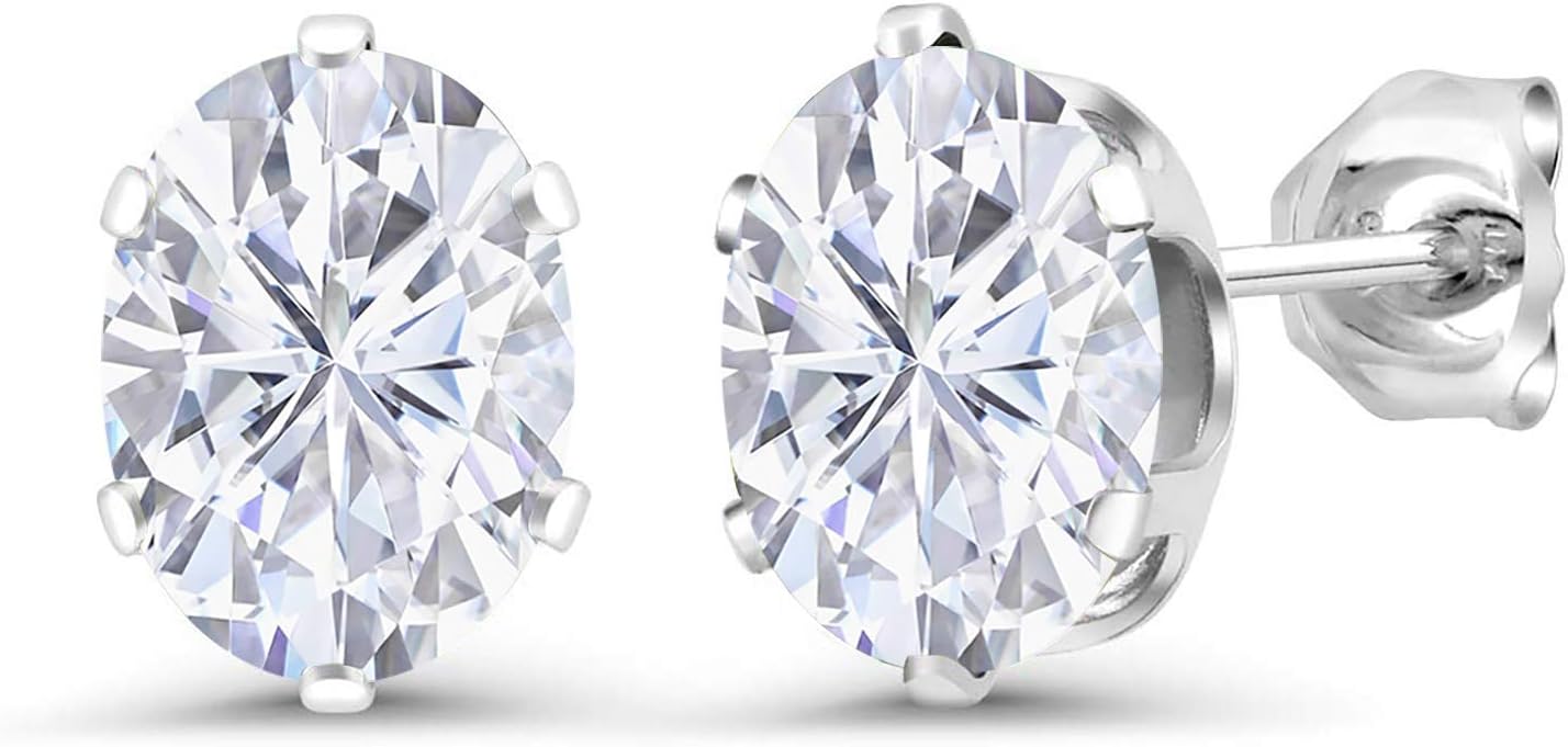 925 Sterling Silver White Moissanite from Charles & Colvard 6-Prongs Stud Earrings For Women (3.00 Cttw, Gemstone Birthstone, Oval 8X6MM)