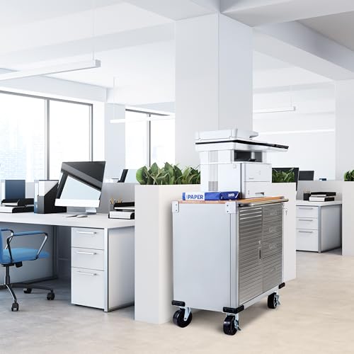 Seville Classics UltraHD Heavy Duty Rolling Cabinet Workbench Table w/Solid Wood Top Workstation for Garage, Warehouse, Office, Workshop, 34.5