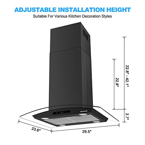 30 Inch Island Range Hood, thermomate 350 CFM Black Stainless Steel Stove Vent Hood with 4 LED Lights, 3 Speed Exhaust Fan with Touch Control, Ducted/Ductless Convertible, ETL Certified