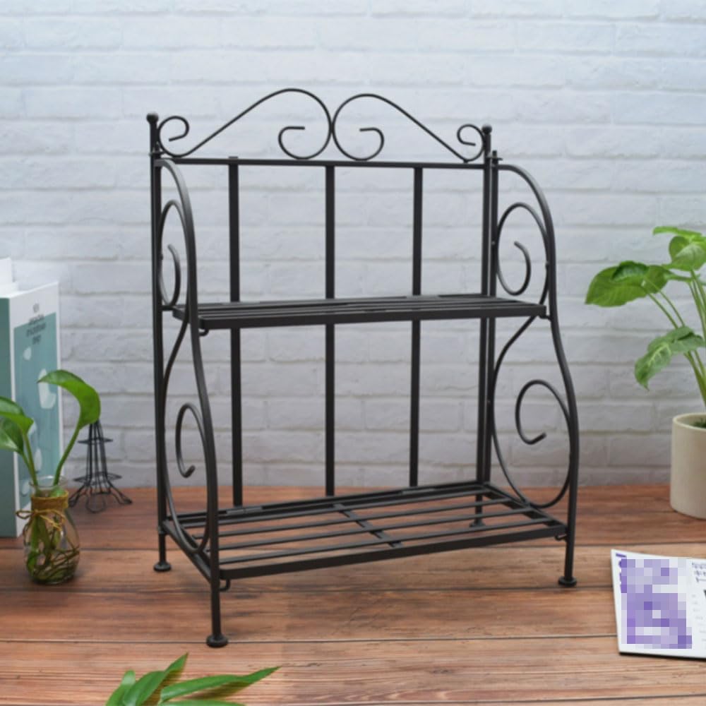 2 Tier Plant Stand With Elegant Scrollwork Accent Heavy Flower Rack French Metal Plant Shelf Simple Flower Planter Pot Display Holder Rack Fashion Storage Rack For Corner Kitchen Bathroom