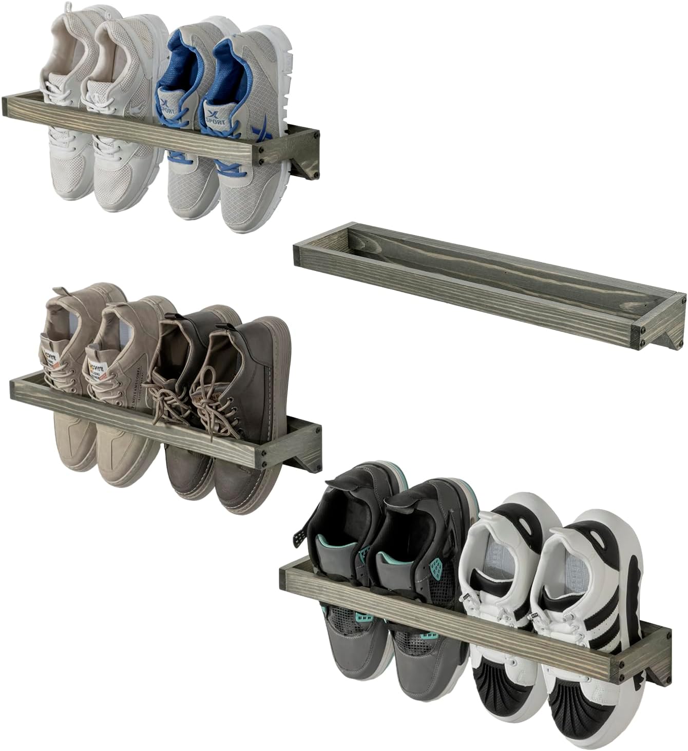 MyGift Set of 4 Vintage Gray Solid Wood Hanging Shoe Storage Organizer Racks, Wall Mounted Space Saving Footwear Holder for Closet, Mudroom, Entryway, Holds 8 Pairs