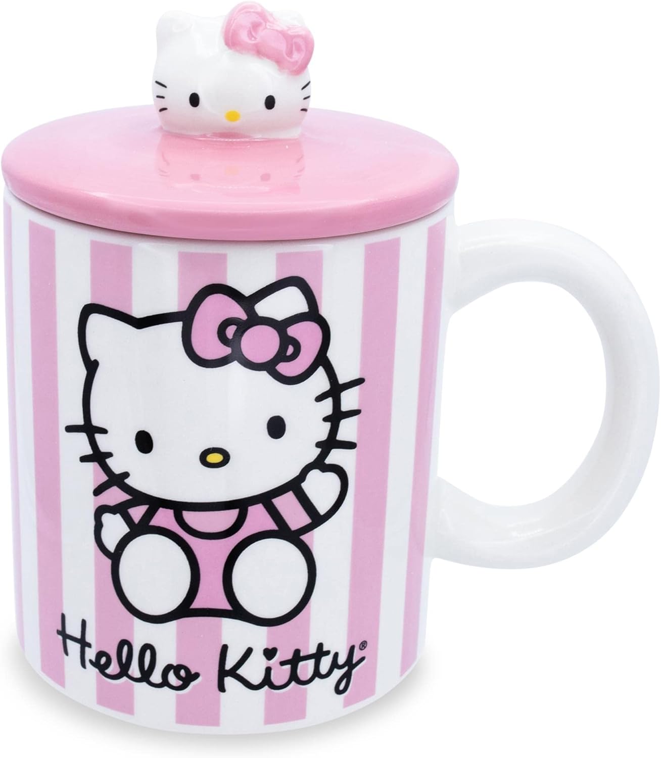 Toynk Sanrio Hello Kitty Pink Stripes Ceramic Mug With Lid | Large Coffee Cup For Tea, Espresso, Cocoa | Holds 18 Ounces