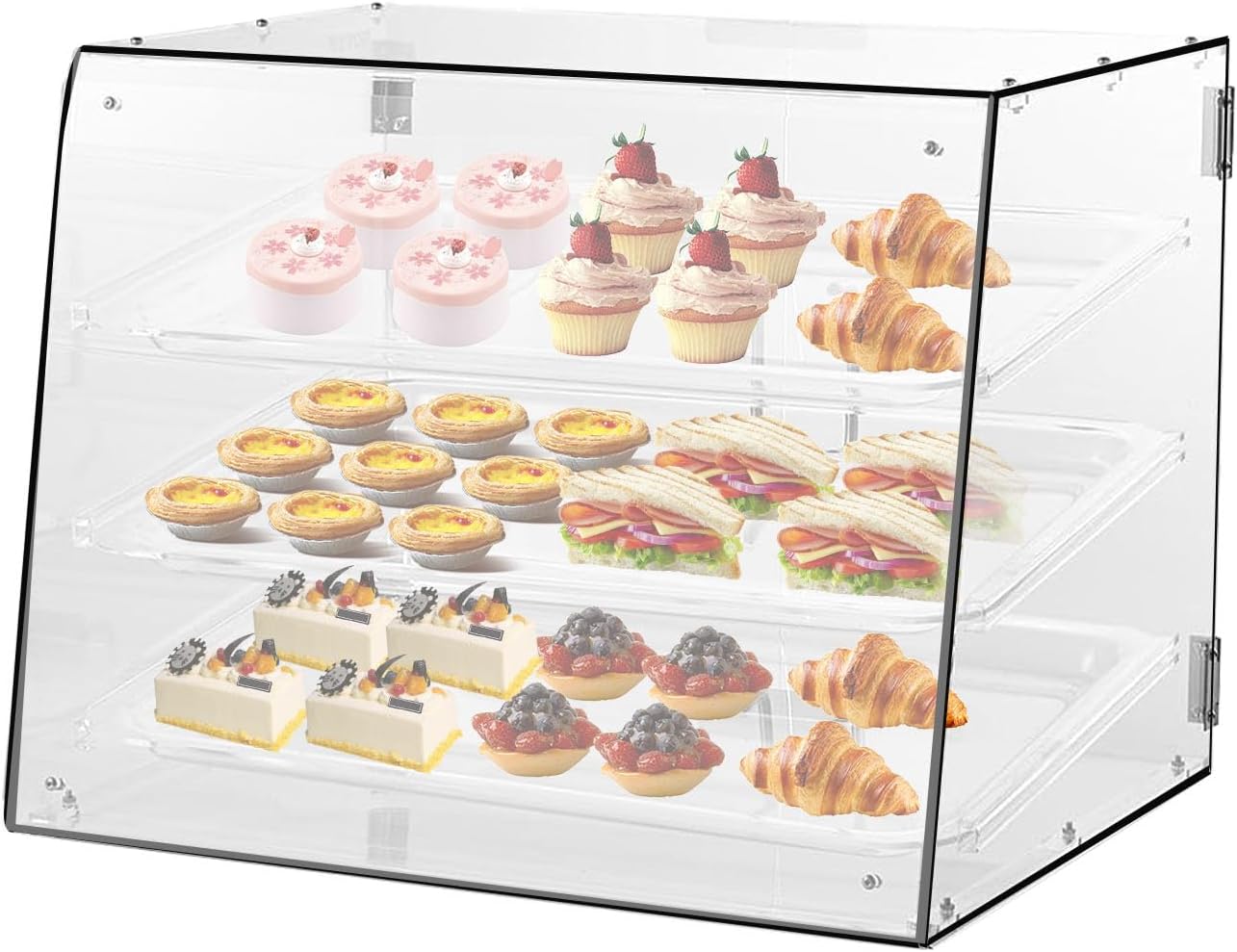 Acrylic Pastry Display Case, 3 Tray Commercial Countertop Bakery Display Case , Acrylic Bread Display with Rear Door Access & Removable Shelves, 22x17x16.5inch