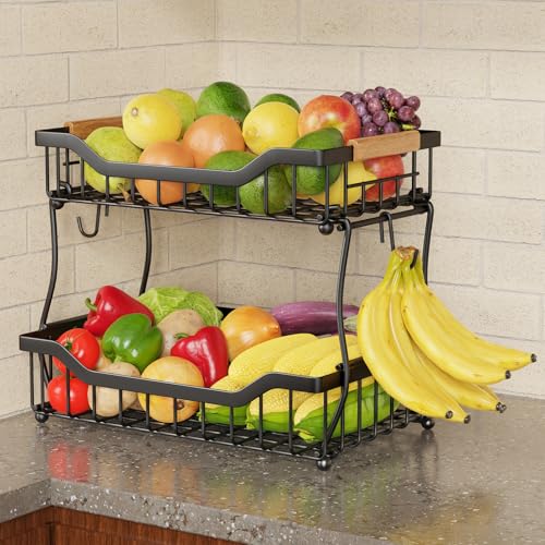 3 Tier Countertop Fruit Basket for Kitchen, Vegetable Storage Basket Bread Fruit Bowl Stand with 2 Banana Hangers, Wall Mounted Metal Wire Basket Organizer for Potato Onion, Black