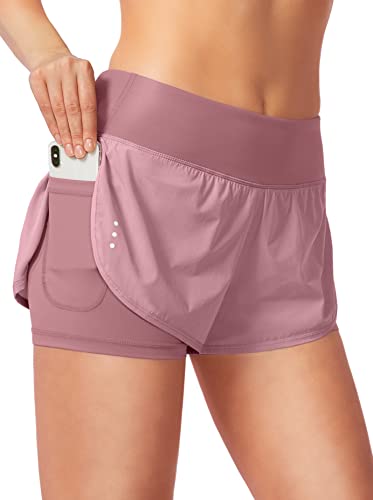 Women's 2 in 1 Running Shorts High Waisted Spandex Shorts Gym Yoga Workout Athletic Shorts for Women with Zipper Pockets