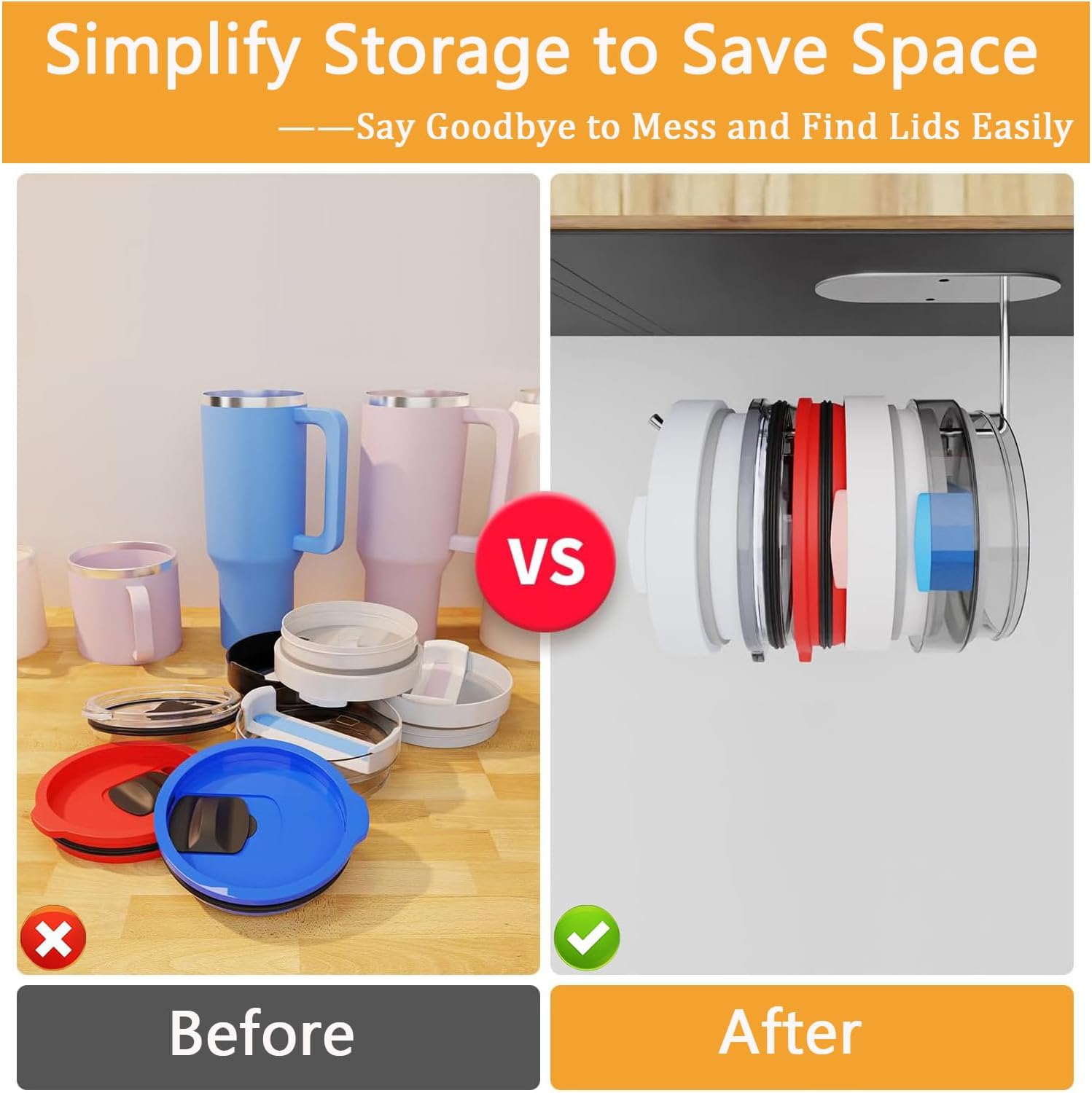 RODDEN Tumbler Lid Organizer, 2PCS Space Saving Cup Lid Organizer for Tumbler/Stanley Tumbler/Owala Tumbler Lid, Self-Adhesive or Drilling Tumbler Lid Hook for Kitchen Organizers and Storage