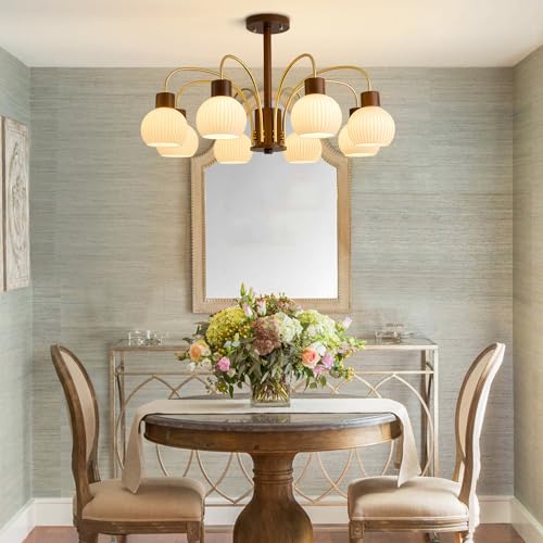 Mid Century Modern Globe Chandelier 6-Light Ribbed Milk Glass Chandelier Farmhouse Rustic Wood Chandelier White and Gold Pendant Light Dining Room Light Fixtures over Table