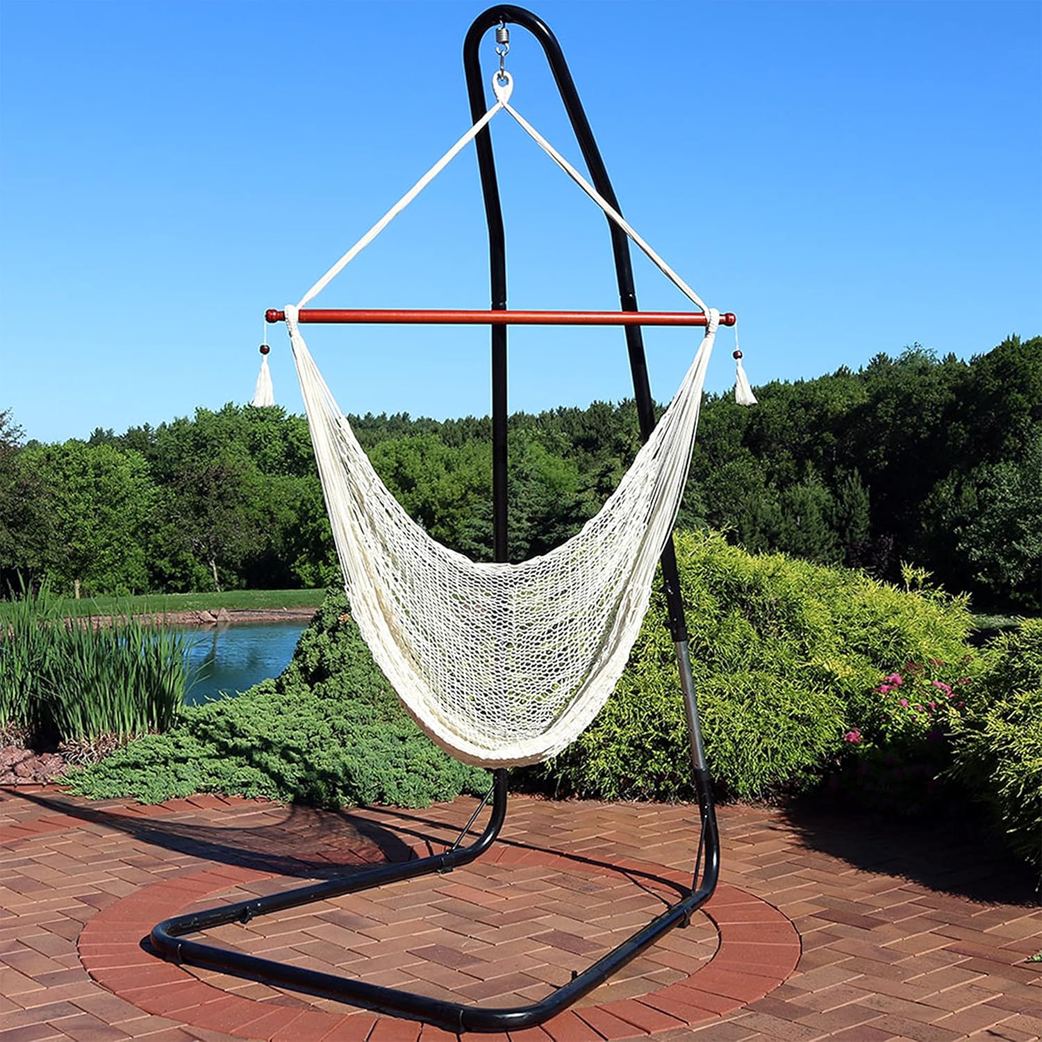 Sunnydaze Cabo-Style Hanging Rope Hammock Chair Swing with Adjustable Stand - 330-Pound Capacity - Black Stand - Cream