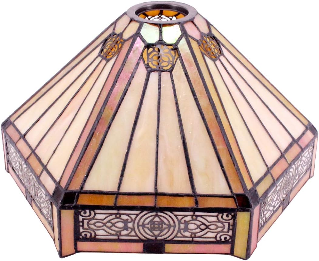 WERFACTORY Tiffany Lamp Shade Replacement 12X10X6 Inch Yellow Hexagon Stained Glass Mission Lampshade Only 1-5/8-Inch Fitter Opening for Arched Floor Lamp-Torchiere Lamp-Pendant Light S011 Series