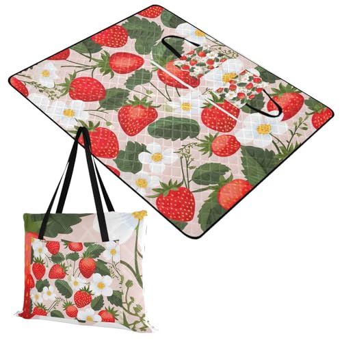 Fruit Flower Strawberries Picnic Blanket Waterproof Foldable Outdoor Beach Blankets Sandproof Picnic Mat Reversible Camping Blanket for Camping Hiking Travel Park Concerts