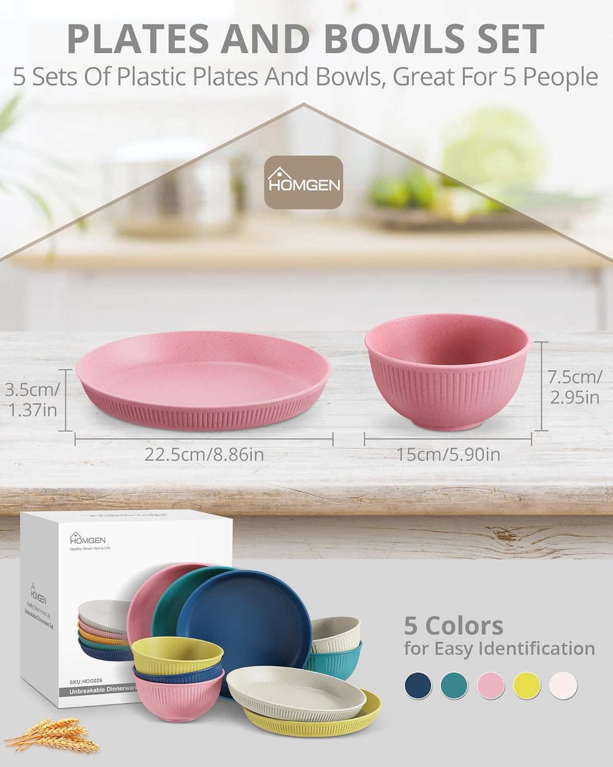 HOMGEN 10Pack Kids Plates and Bowls Sets Plastic Kitchen Dinner Plates Set Children Melamine Dinnerware Sets Reusable Wheat Straw Bowl Set Support Dishwasher & Microwave Safe for HOME Camping etc