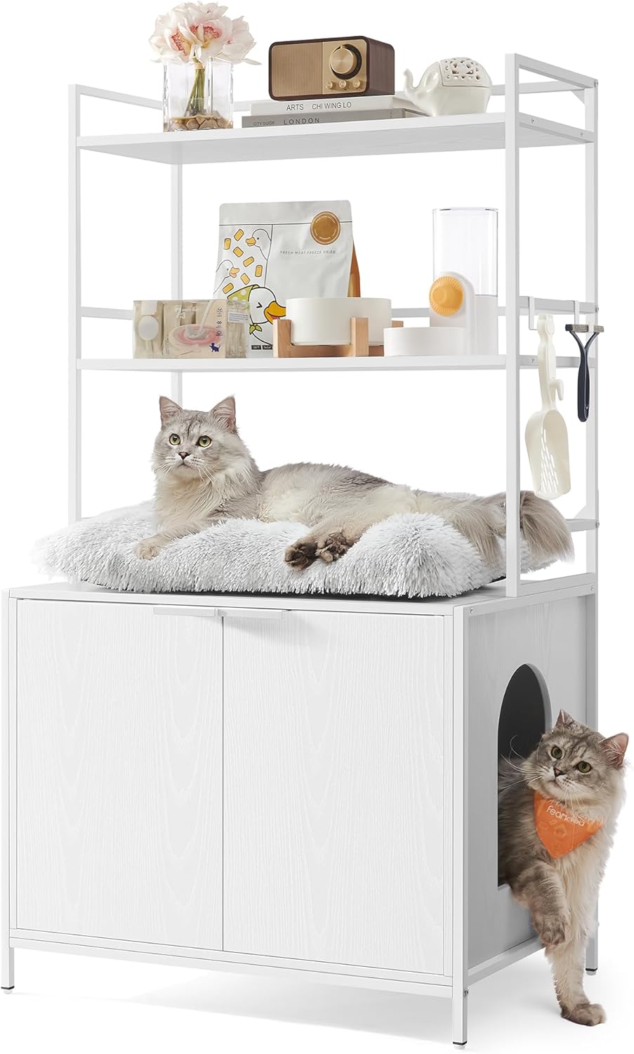 Feandrea Cat Litter Box Enclosure, Hidden Litter Box Furniture with 2 Storage Shelves, 2 Hooks, Spacious for Large Cats, Indoor Cat House, Snow White UPCL009W01