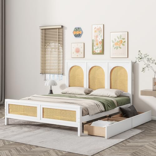 Queen Size Wood Storage Platform Bed with 2 Drawers, Rattan Headboard and Footboard, White