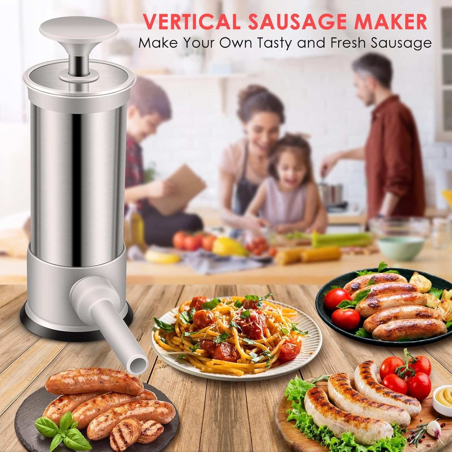 Stainless Steel Vertical Sausage Stuffer and Sausage Maker w/4 Stuffing Tubes, Manual Sausage Stuffer Machine(2.2LB)