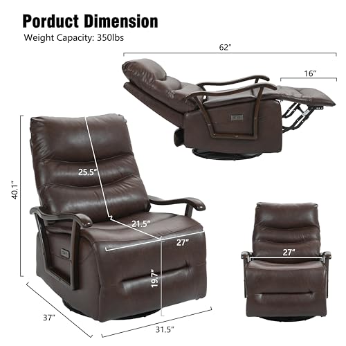 Power Swivel Recliner Chair for Adults, Upholstered Faux Leather Recliner with Wood Armrest, USB Ports, Infinite Position, Oversized Rocker Glider Reclining Single Sofa Chair