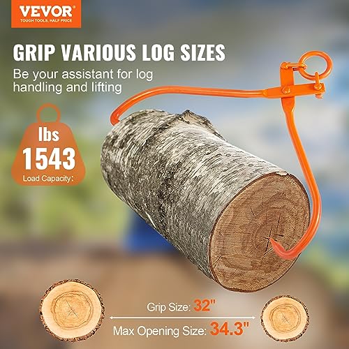 VEVOR Log Skidding Tongs, 32 inch 2 Claw Log Lifting Tongs, Heavy Duty Steel Lumber Skidding Tongs, 1543 lbs/700 kg Loading Capacity, Log Lifting, Handling, Dragging & Carrying Tool