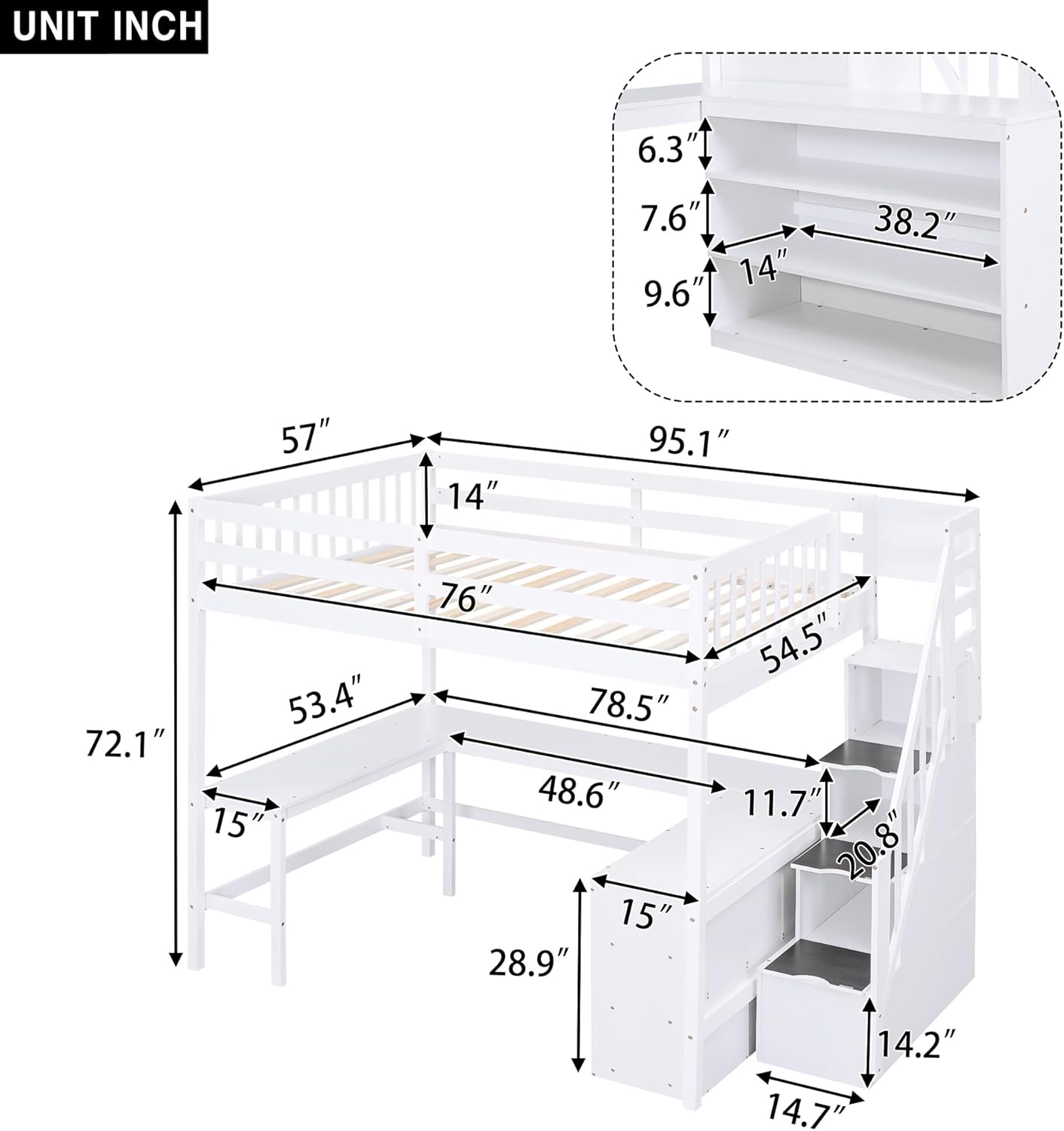 Full Size Wood High Loft Bed with Desk, 3-Tier Storage Shelves and Storage Staircase, Multi-functional Loft Bed with Full Length Guardrail for Teens Adults, White