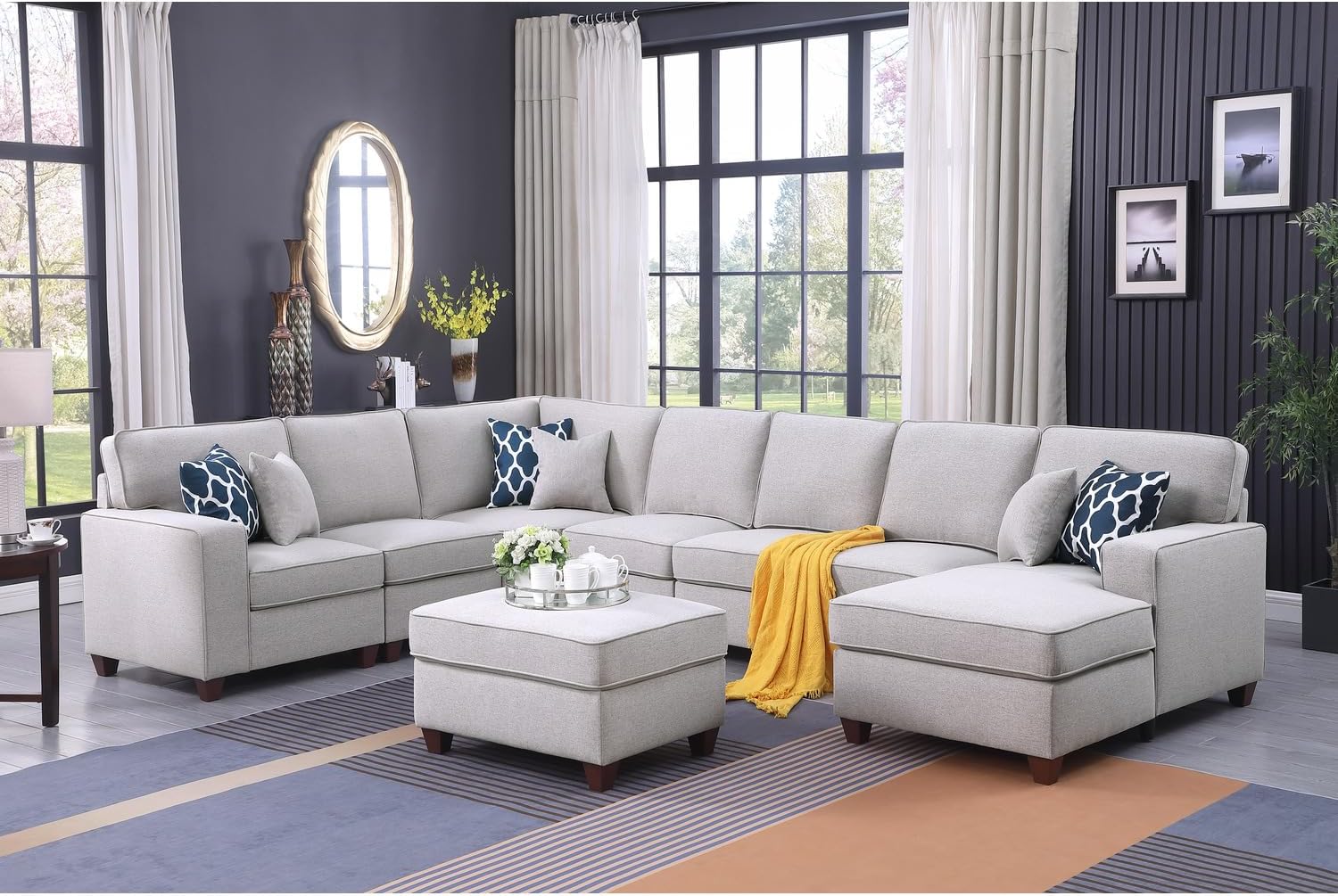 Devion Furniture 8-Piece Upholstered Fabric Sectional with Chaise in Light Gray