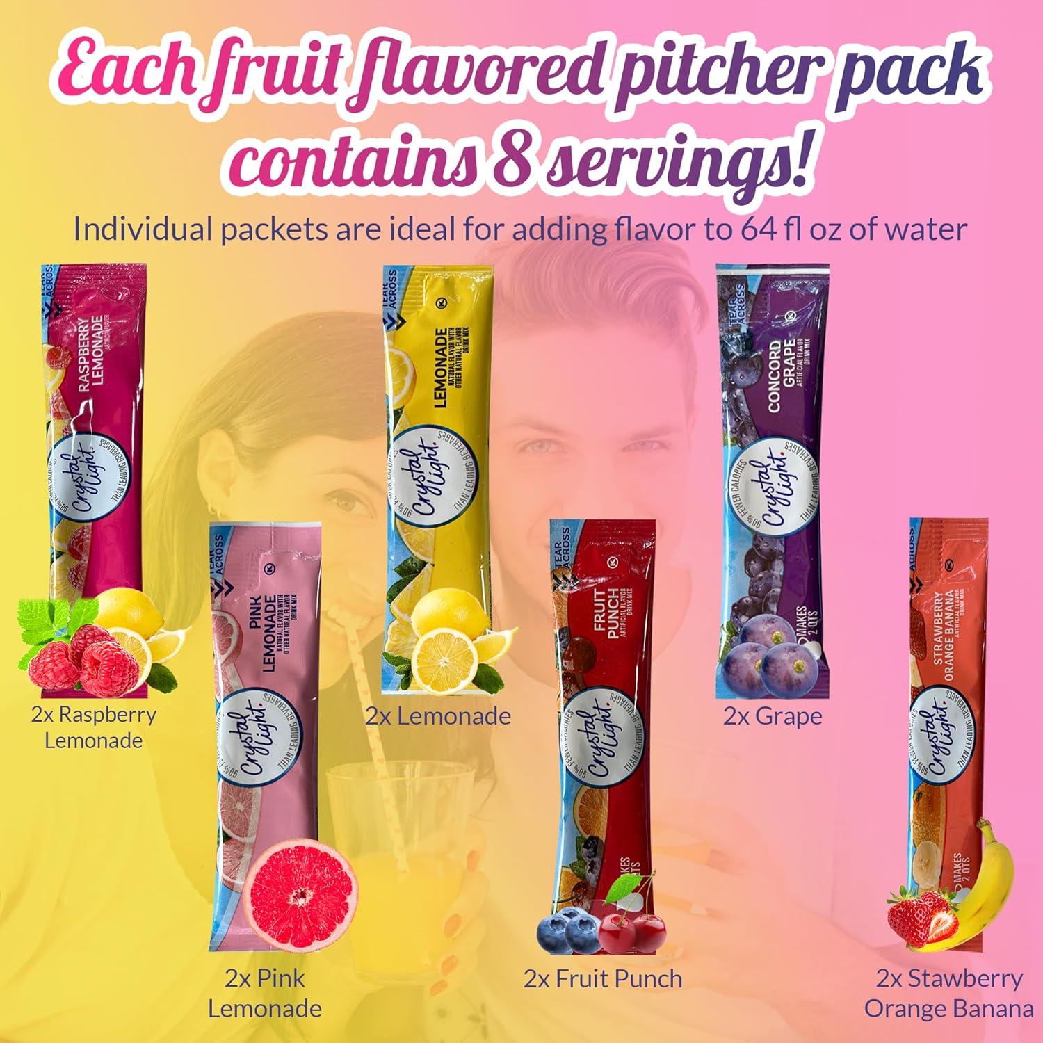 Crystal Light Pitcher Packets Drink Powder - 12 (2-quart) Sugar Free Drink Mix Variety Pack Includes Lemonade, Fruit Punch, Grape, Strawberry Orange Banana, Raspberry Lemonade & Pink Lemonade