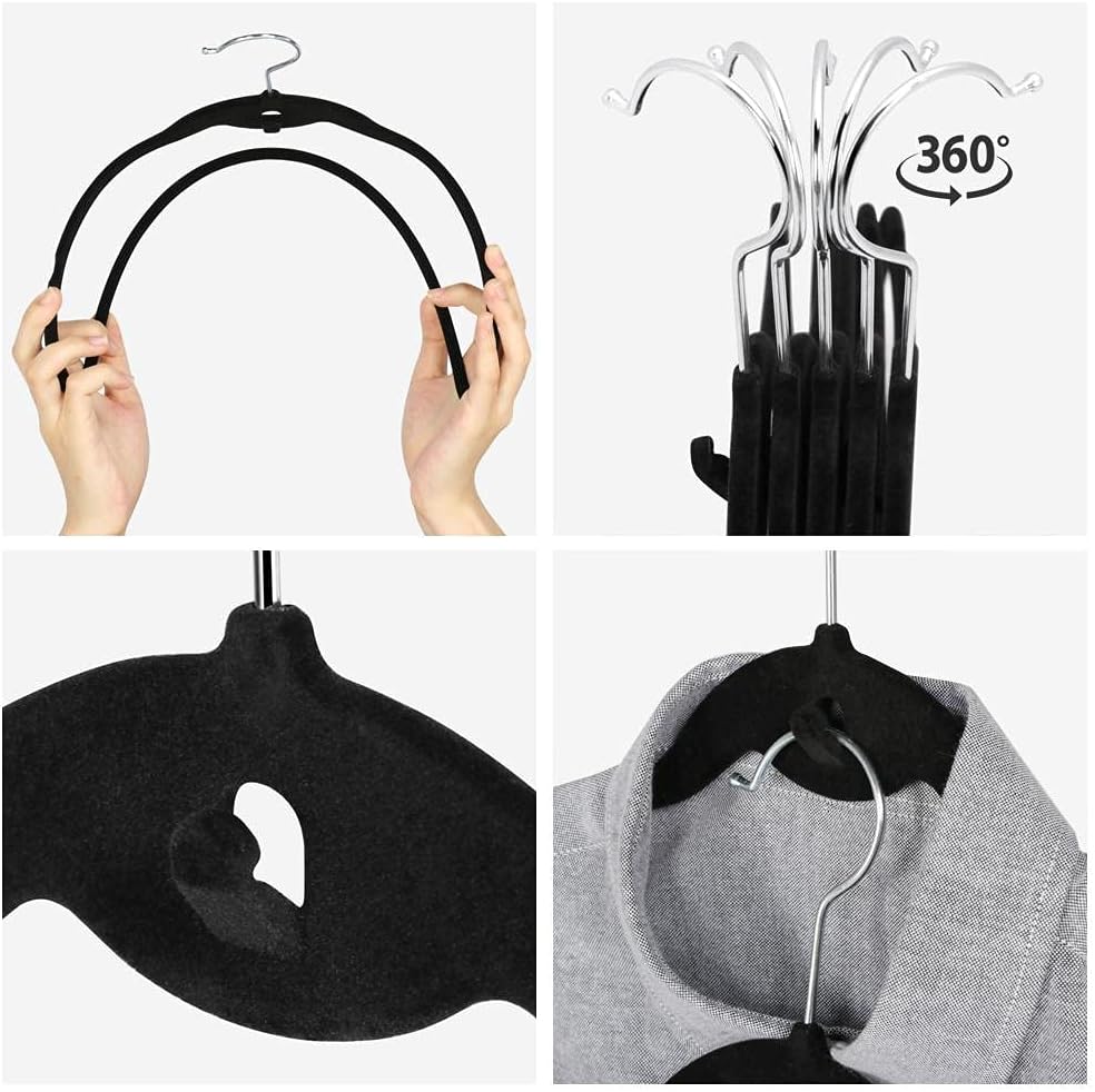 Yaheetech 100 Pack Non Slip Cascading Velvet Hangers - Standard Hangers Felt Suit Clothes Hangers Space Saving 360° Swivel Hook Black