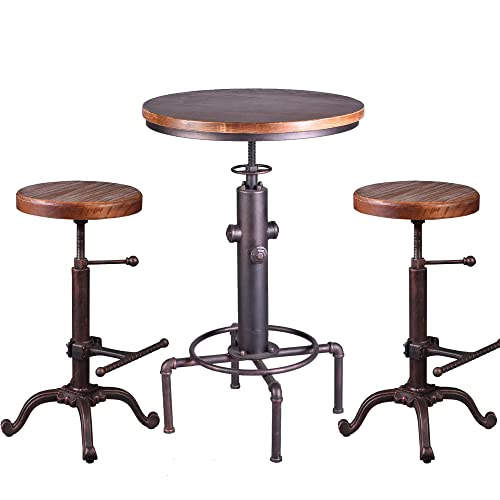Topower Three-Piece Bar Table and Chair Set Height Adjustable Pub Table and Industrial Retro Vintage Counter Stool Antique Red (1 Table + 2 Chairs)